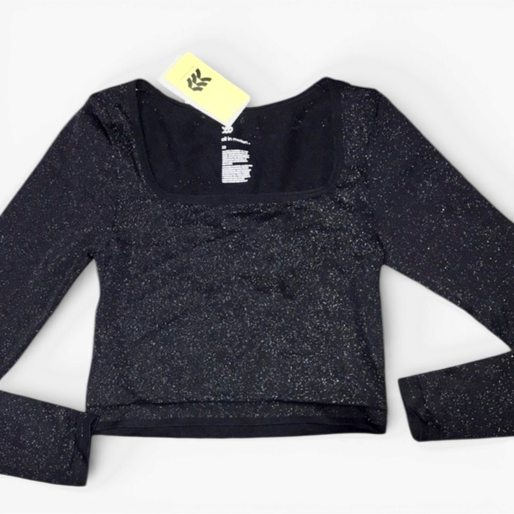🥳 3/$26 All In Motion Black Shimmer Square Neck Crop Top Various Sizes XS, M NWT